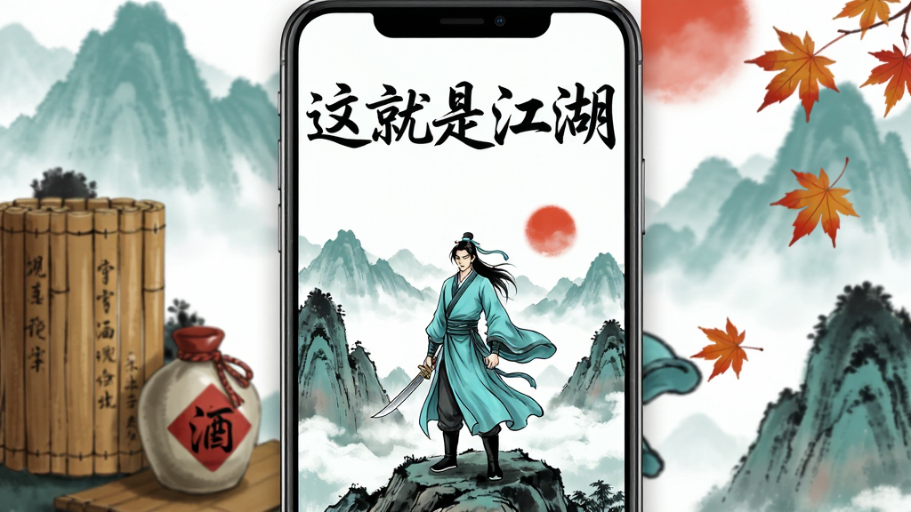一幅竖版手机游戏宣传图,主体是一位身穿青衫的武侠人物站在山巅,背后是云雾缭绕的群山和一轮红日,画面左侧有古朴的竹简和酒壶,右侧是飘落的枫叶。布局采用中心构图,人物占据画面中部偏下位置,上方留白处用毛笔字体写着