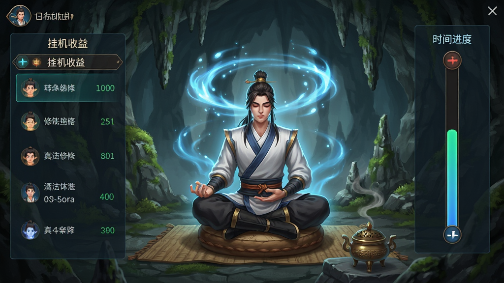 游戏挂机界面插画,主体是一个武侠角色盘腿坐在山洞中打坐修炼,头顶有真气环绕的特效。布局为左中右三栏,左侧是挂机收益列表,中间是角色修炼场景,右侧是时间进度条。风格为仙侠玄幻风,细节上真气呈现淡蓝色光晕,山洞墙壁有苔藓和钟乳石,地面有蒲团和香炉。画质高清,画面干净,无多余元素。
