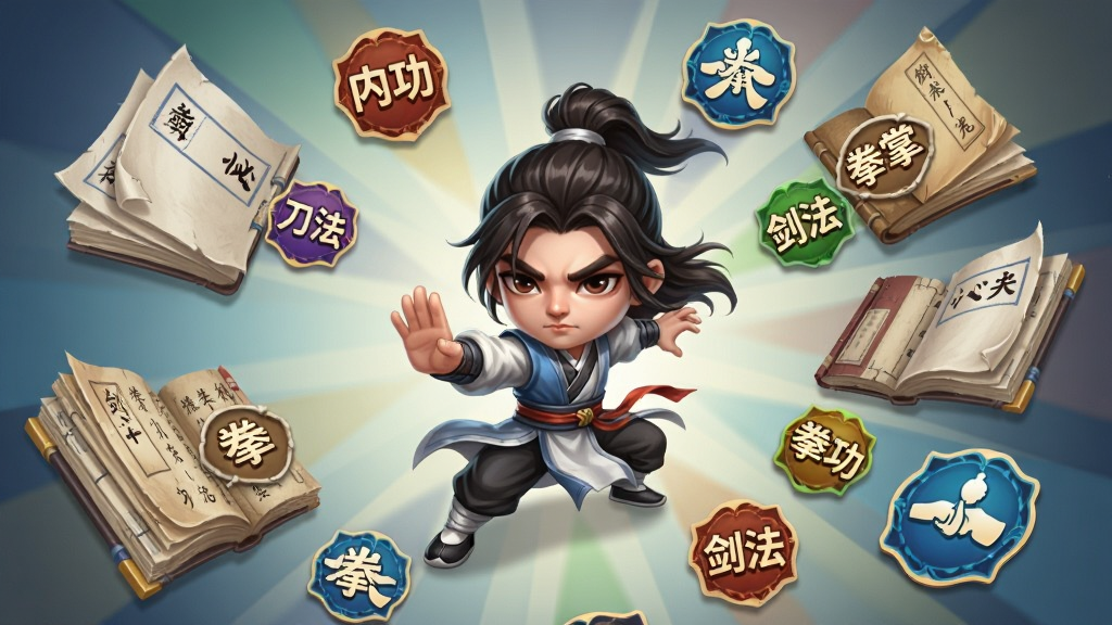 游戏界面截图风格插画,画面中央是一个武侠角色正在施展武功,周围环绕着各种武功秘籍的书页和招式图标。布局采用放射状构图,角色在中心,四周漂浮着