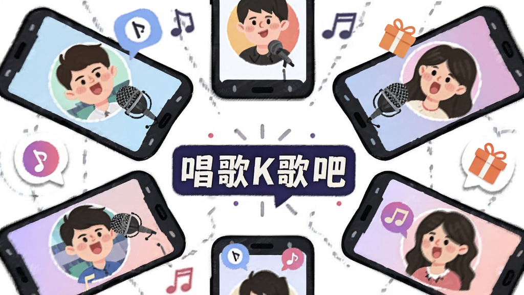 一幅展示唱歌K歌吧多人连麦合唱场景的插画,主体为多个手机屏幕头像围成一圈,布局环形排列,排版活泼,风格为社交娱乐卡通风格,细节包含麦克风、音符气泡、礼物图标、合唱标识,画面中带有