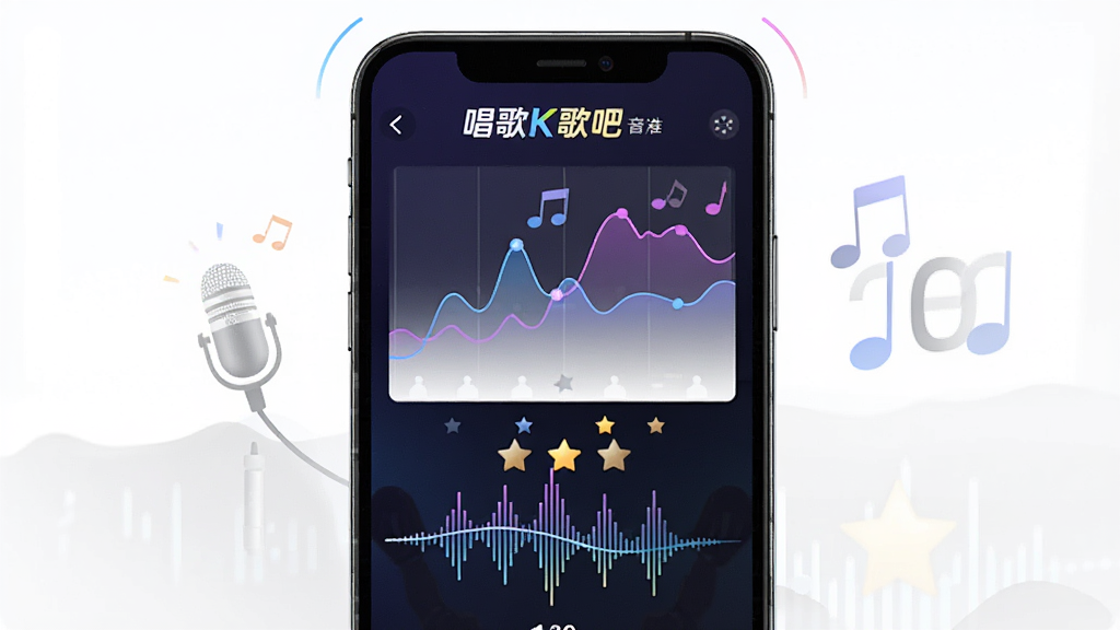 一幅展示唱歌K歌吧智能评分功能的界面示意图,主体为手机屏幕中显示音准曲线与得分数字,布局上下结构,排版简洁,风格为动感时尚科技风,细节包含麦克风、音符、评分星星、音波轨迹,画面中带有