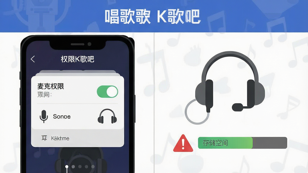 一幅展示唱歌K歌吧新手操作注意事项的示意图,主体为手机屏幕中显示权限设置与耳机图标,布局为上下分栏,排版清晰,风格为扁平化信息图,细节包含麦克风权限开关、耳机、存储空间指示条、警告标识,画面中带有