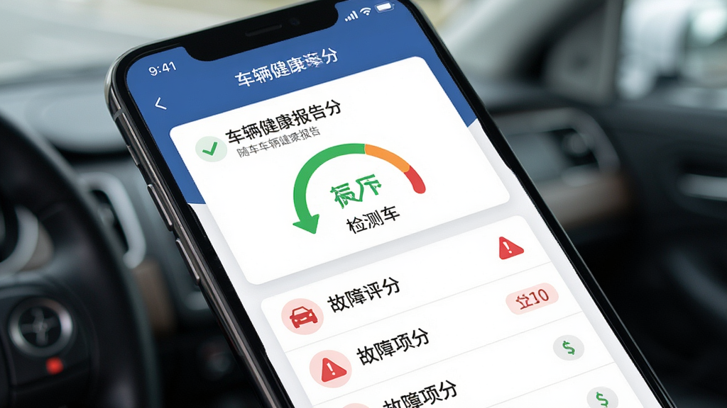 随车宝车辆健康报告页面,手机屏幕显示检测评分与故障项列表,主体为报告卡片,布局上下结构,排版清晰,风格简洁商务,细节包含绿色对勾与红色警告图标,画质高清,干净,无多余元素