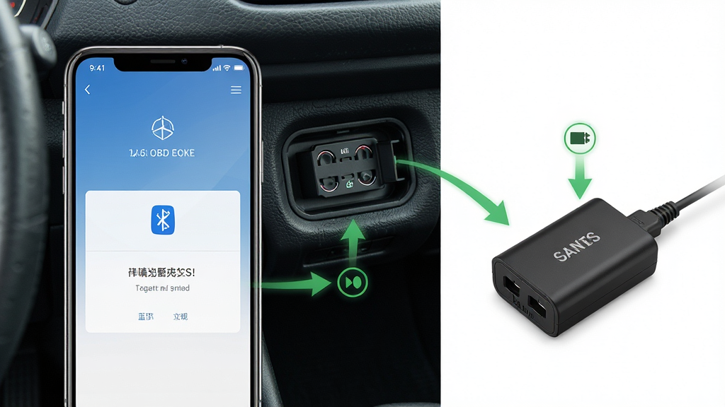 随车宝连接OBD设备操作示意图,手机屏幕显示蓝牙配对界面,背景为汽车驾驶舱内OBD接口位置,主体为手机与适配器,布局左右分栏,排版直观,风格写实教学,细节有箭头指示与连接状态图标,画质高清,干净,无多余元素