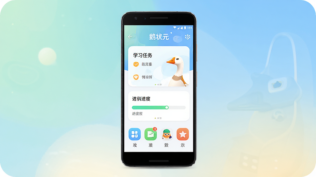 鹅状元应用主界面全景展示,主体为一台安卓手机屏幕,屏幕中呈现鹅状元应用首页布局,包含学习任务卡片、进度条与功能图标,布局居中对齐,排版简洁清晰,风格为清新教育风,细节包括柔和渐变背景、圆角卡片、明亮配色,画质高清,干净,无多余元素