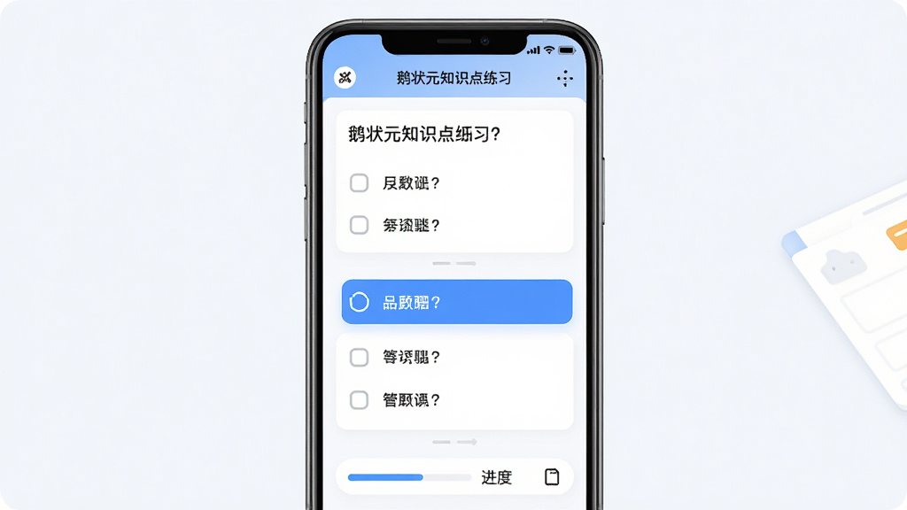 鹅状元知识点练习界面,主体为手机屏幕中显示选择题与答题卡,布局上下结构,上方题目下方选项,排版整齐,风格为清爽学习风,细节包括蓝色高亮选中项、进度提示条、简洁图标,画质高清,干净,无多余元素