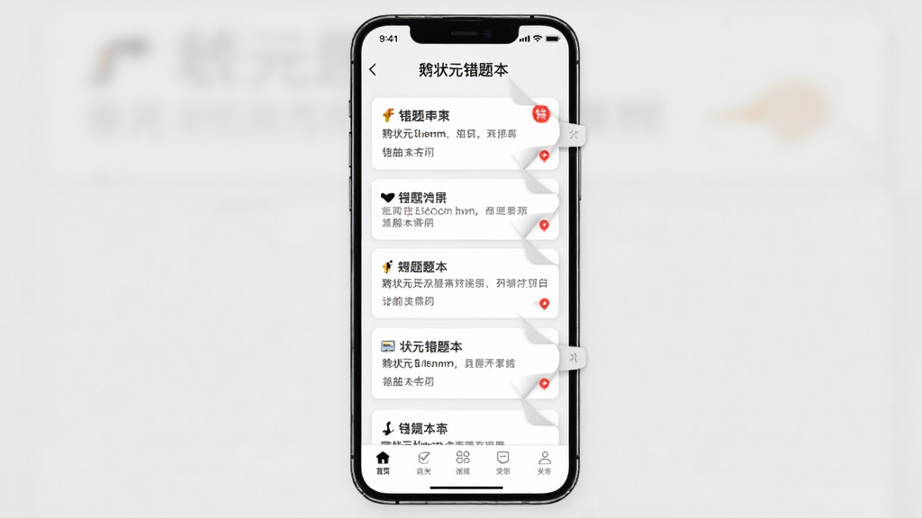 鹅状元错题本页面,主体为手机屏幕展示错题列表,布局为纵向排列卡片,排版清晰,风格为简约工具风,细节包括红色错误标记、折叠标签、底部导航栏,画质高清,干净,无多余元素