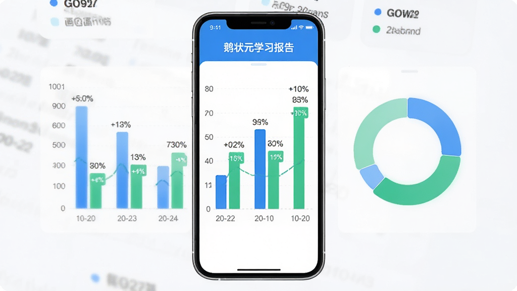 鹅状元学习报告图表界面,主体为手机屏幕显示柱状图与环形图,布局居中,排版规整,风格为现代数据风,细节包括蓝色与绿色数据条、百分比标注、日期轴,画质高清,干净,无多余元素