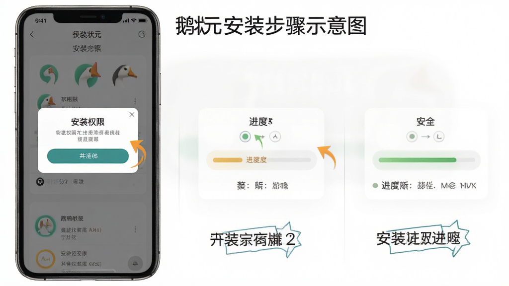 鹅状元安装步骤示意图,主体为手机屏幕显示安装权限弹窗与进度条,布局分步展示,排版清晰,风格为教程指引风,细节包括高亮按钮、箭头标注、简洁文字说明,画质高清,干净,无多余元素