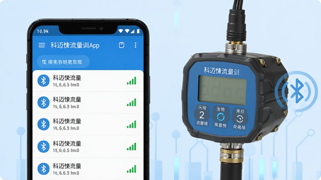 一部安卓手机屏幕显示科迈捷流量计App正在搜索附近蓝牙设备,列表中展示多个科迈捷流量计设备名称和信号强度,手机旁边放置一台工业流量计实物,整体画面采用科技蓝为主色调,风格简洁专业,画质高清,干净无多余元素