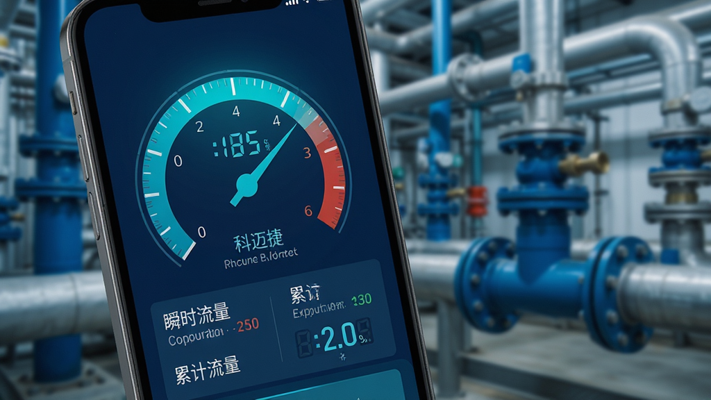 科迈捷流量计App实时监测界面特写,手机屏幕上显示圆形仪表盘和数字读数,包括瞬时流量和累计流量数值,背景为模糊的工业管道场景,画面风格写实科技感,色调以深蓝和青色为主,画质清晰,干净整洁