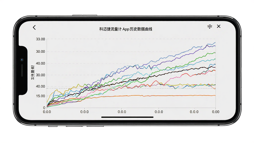 科迈捷流量计App历史数据曲线页面,手机横屏展示多条彩色折线图,横轴为时间纵轴为流量数值,界面简洁清晰,背景为浅灰色,画面风格商务专业,画质高清,无多余装饰元素