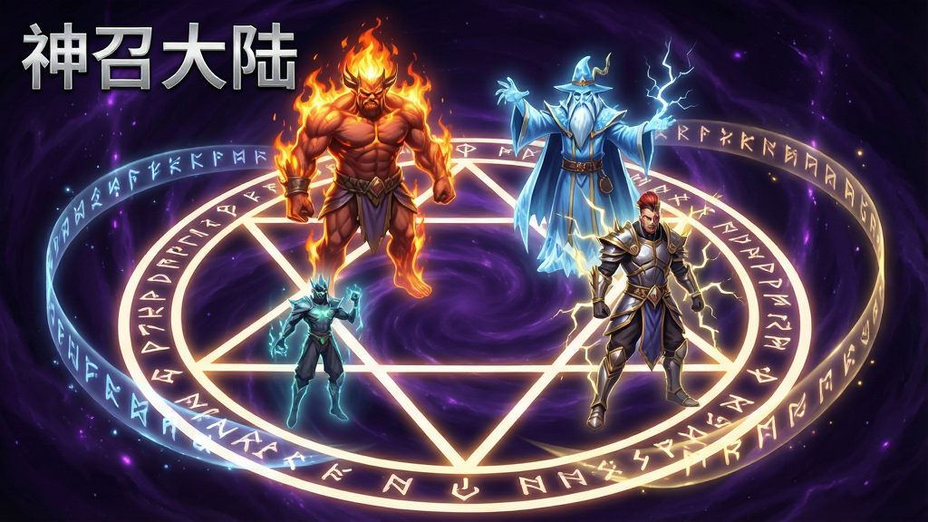 一幅展示神明召唤仪式的奇幻场景插画,画面中心是一个发光的六芒星召唤阵,阵中浮现出数位不同属性的神明虚影,包括火焰巨人、冰霜法师、雷电战士等,召唤阵周围有符文光带环绕,背景为暗紫色虚空,画面风格为二次元奇幻CG,光影对比强烈,细节精致,画质高清,画面左上角用银色字体写着“神召大陆”,整体干净无杂乱元素