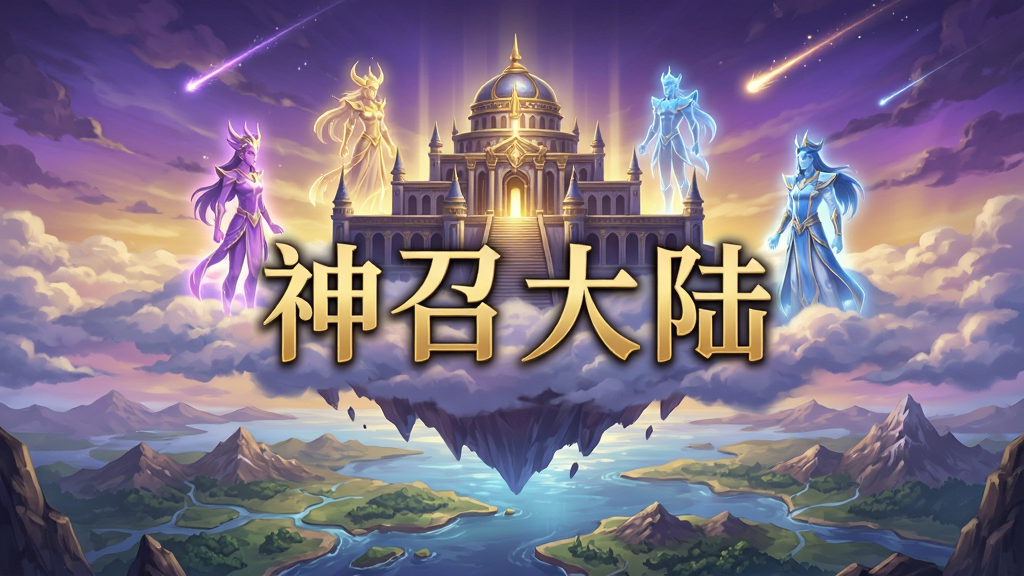 一幅奇幻风格的游戏场景插画,画面中央是一座悬浮在云海之上的宏伟神殿,神殿四周环绕着发光的神明虚影,下方是广阔的大陆与山川河流,天空呈现紫金色渐变,远处有流星划过,整体色调以紫、金、蓝为主,画面风格为二次元奇幻CG质感,细节丰富,光影分明,画质高清干净,画面中央用金色字体写着“神召大陆”,无多余元素