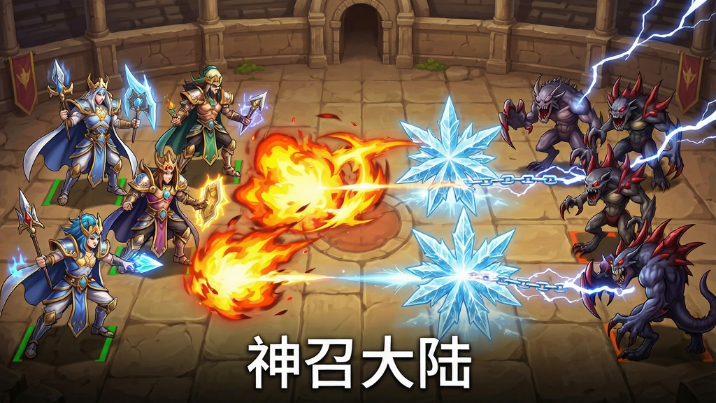 一幅策略战斗场景插画,画面为俯视视角的战场布局,左侧是玩家方五位神明角色排列成阵型,右侧是敌方怪物阵容,画面中间有技能特效交织,包括火焰冲击、冰霜新星与雷电链,背景为古老竞技场,画面风格为二次元奇幻战斗CG,色彩鲜明,动作感强,画质高清干净,画面底部用白色字体写着“神召大陆”,无多余装饰元素