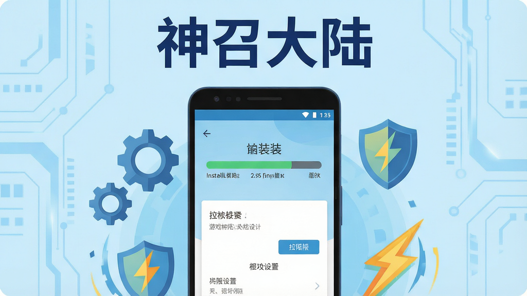一幅手机游戏安装与运行优化主题的插画,画面中展示一部安卓手机屏幕,屏幕上显示游戏安装进度条与权限设置界面,手机周围环绕着齿轮、盾牌与加速符号等图标,背景为浅蓝色科技风格,画面风格为扁平化UI插画,排版清晰,色彩清爽,画质高清干净,画面顶部用深蓝色字体写着“神召大陆”,无多余元素