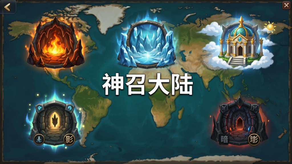 一幅游戏副本选择界面风格的插画,画面中展示多个不同主题的副本入口,包括火焰山洞、冰封峡谷、天空神殿与暗影地窟,每个入口都有对应的图标与光效,背景为世界地图风格,画面风格为二次元奇幻游戏UI,排版整齐,色彩丰富,画质高清干净,画面中央用白色字体写着“神召大陆”,无多余元素