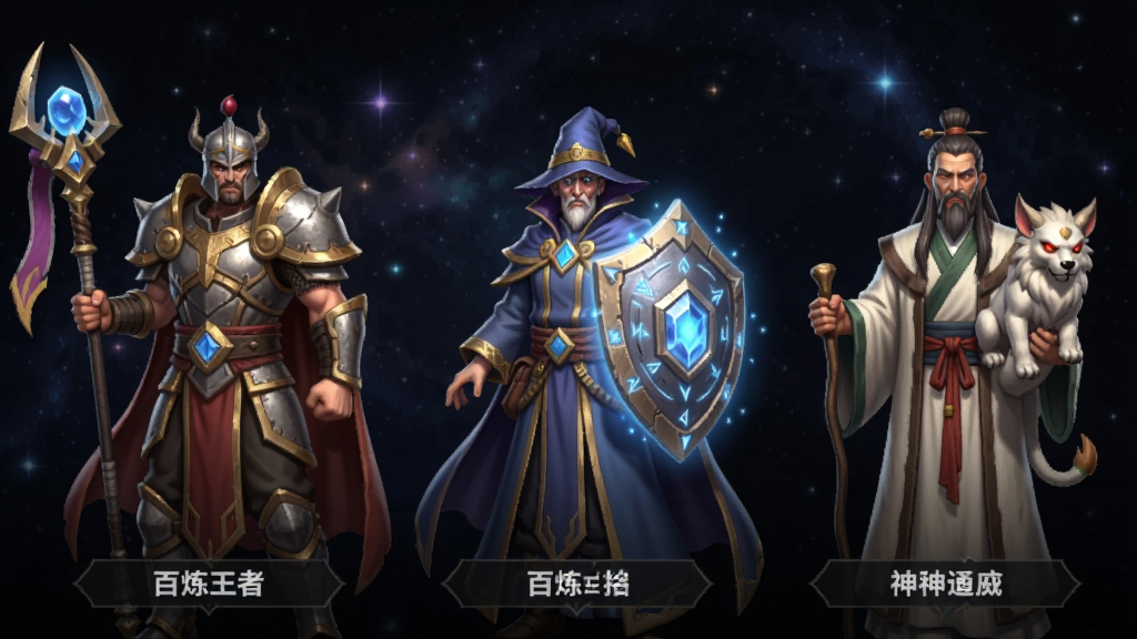 百炼王者职业选择界面,画面中并排展示三位角色,左侧是手持裁决之杖的战士,中间是身披魔法盾的法师,右侧是携带神兽的道士,每位角色脚下有对应职业名称标签,背景为深色星空纹理,界面风格简洁大气,画质高清,干净无多余元素