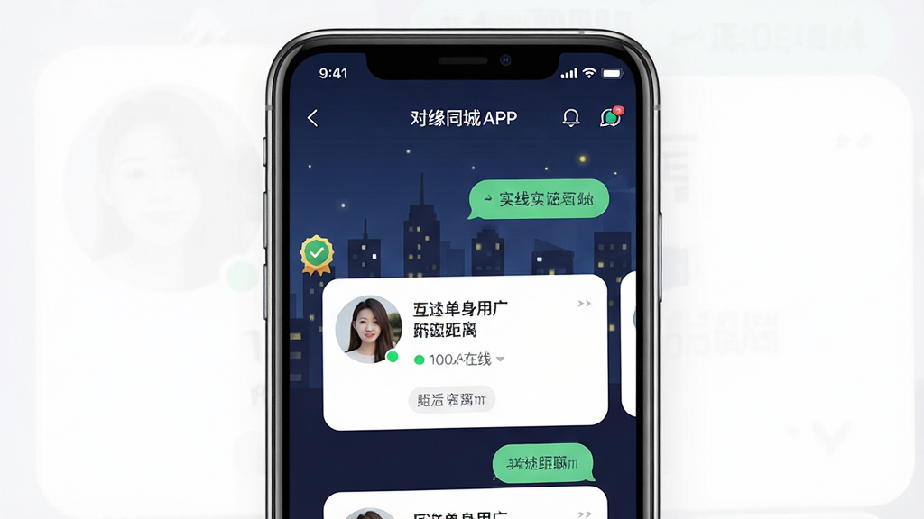 一张展示同城社交场景的手机应用界面图,主体为对缘同城APP首页,屏幕中央显示附近单身用户头像卡片与距离标签,背景为城市夜景轮廓,布局采用居中手机样机展示,风格为现代扁平化UI设计,细节包含聊天气泡、在线状态小绿点、实名认证徽章,画质高清,画面干净,无多余元素。