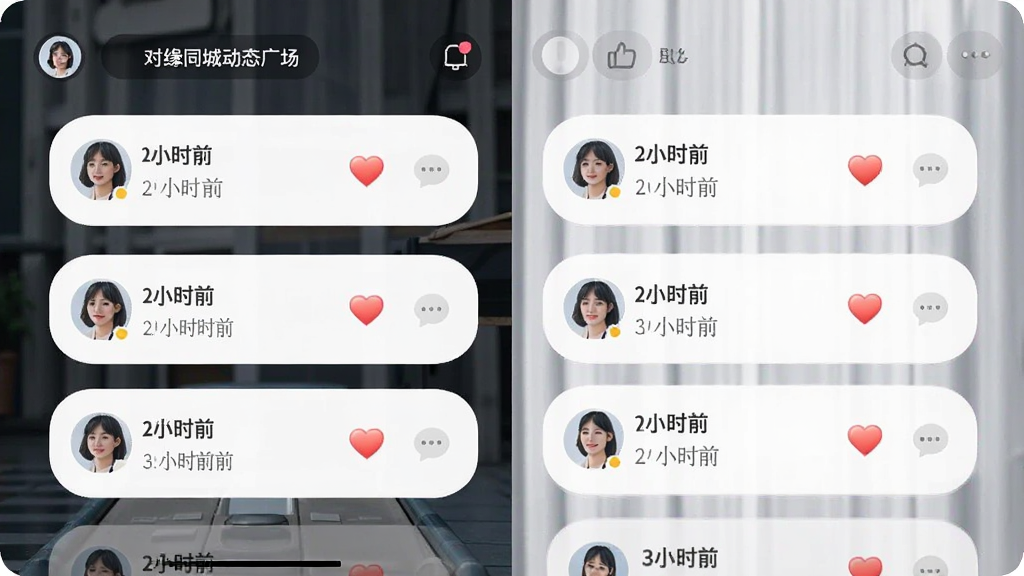 一张对缘同城动态广场页面的手机截图风格图,主体为瀑布流动态卡片,布局为双列信息流,风格为柔和圆角卡片设计,细节包含用户头像、发布时间、点赞爱心图标、评论气泡,画质高清,画面干净,无多余元素。