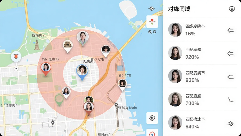 一张对缘同城同城匹配功能的界面示意图,主体为地图上散布的用户头像标记与匹配半径圈,布局为左侧地图右侧用户列表,风格为清新浅色系,细节包含距离数值、城市地标、匹配度百分比,画质清晰,画面干净,无多余元素。