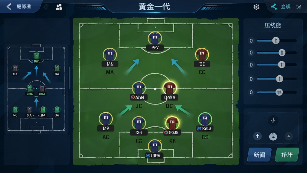足球大师黄金一代战术板界面截图,画面中心是足球场俯视战术图,上面有代表球员的圆形图标按照4-3-3阵型排列,每个图标旁标注球员名字和位置缩写,右侧有战术滑条和指令按钮,左侧显示对手阵型,背景为深蓝色科技风UI,风格简洁专业,细节包括箭头指示跑位方向、高亮显示核心球员,画质清晰干净无多余元素