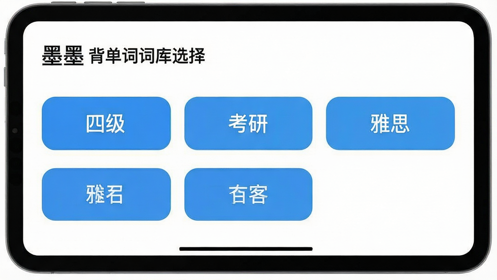 一张展示墨墨背单词词库选择界面的图片,画面中显示多个词库分类标签,如“四级”“考研”“雅思”等,界面整洁,风格现代,细节清晰,画质干净,无多余元素