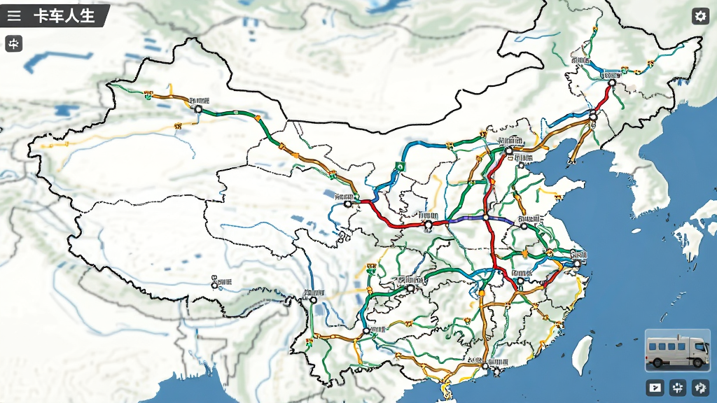 卡车人生游戏地图界面,展示中国多个省份的高速路网与城市节点,路线用彩色线条标注,界面风格简洁现代,地图细节清晰,画质高清,干净无多余元素