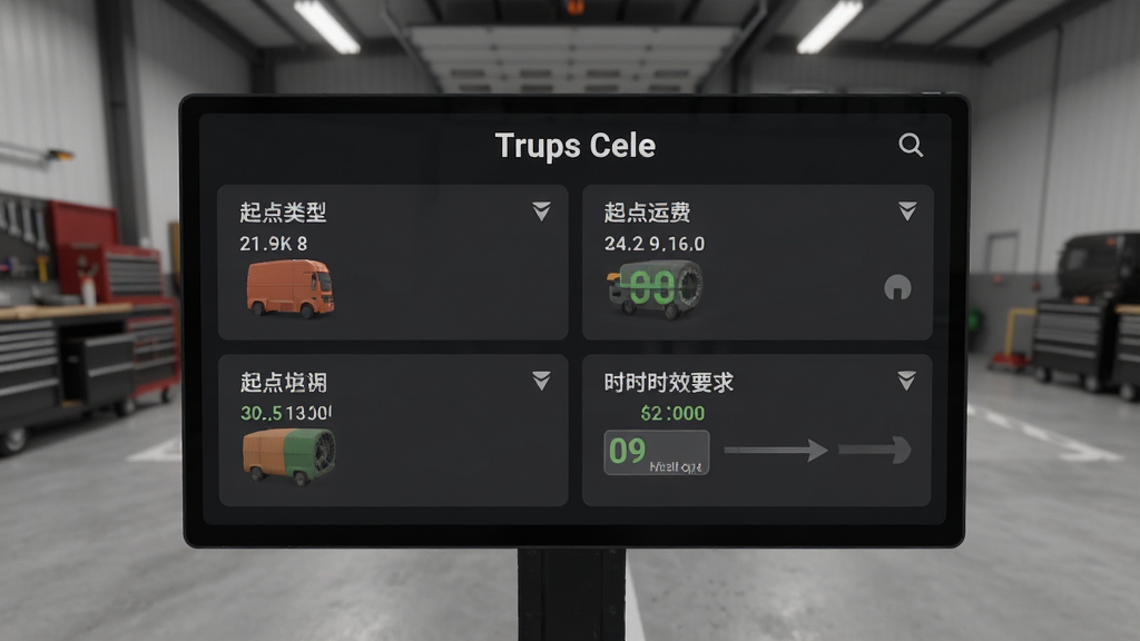 卡车人生货运任务界面,屏幕上显示货物类型、起点终点、运费与时效要求,背景是车库场景,界面布局清晰,风格现代简洁,画质高清,干净无多余元素