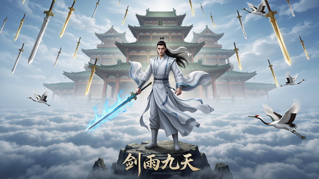 主体为一位身穿白色古风长袍的修仙者手持长剑立于云海之巅,背景是九重天宫与飘落的金色剑雨,布局采用竖版手机壁纸比例,排版上方为天空下方为云海,风格为东方玄幻CG插画,细节包含剑身散发蓝光、衣袂随风飘动、远处仙鹤飞过,画质高清干净无多余元素,画面中打文字“剑雨九天”