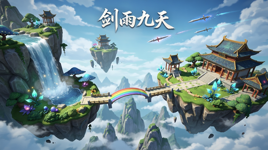 主体为游戏内仙山琼阁场景俯瞰图,布局采用宽幅横版构图,左侧为瀑布右侧为宫殿,排版上方为天空下方为山峦,风格为3D玄幻游戏场景原画,细节包含悬浮岛屿、彩虹桥、发光灵草、远处飞剑穿梭,画质超清干净无多余元素,画面中打文字“剑雨九天”