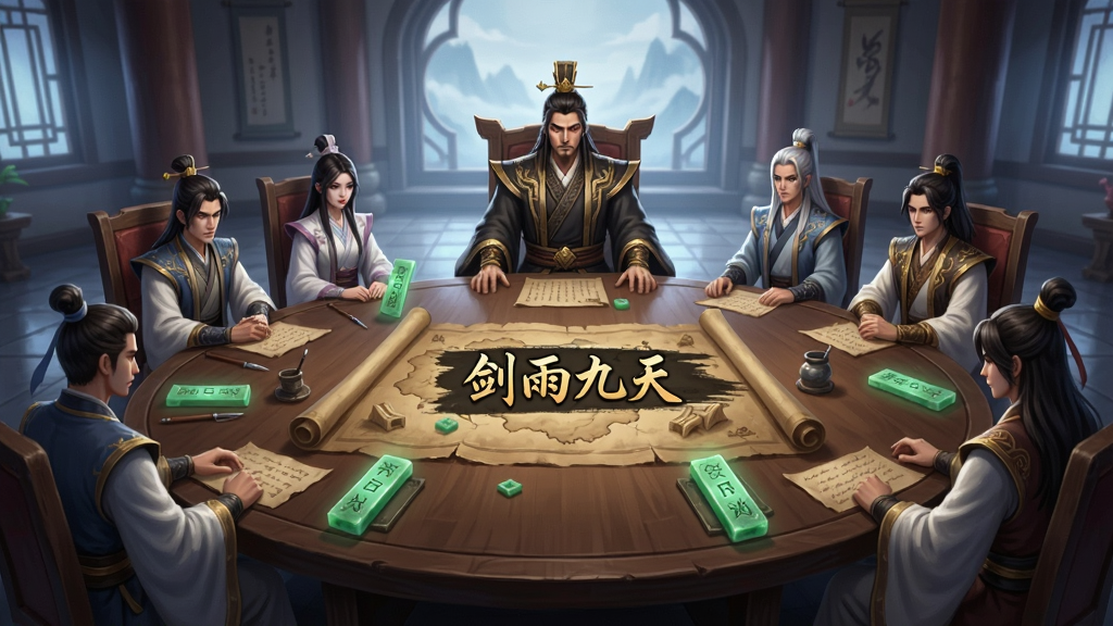主体为多位古风修仙角色围坐在仙盟大厅内议事,布局采用圆形会议桌构图,排版中央为盟主座位周围为成员,风格为玄幻游戏社交场景插画,细节包含桌上地图、发光玉简、角色表情严肃,画质高清干净无多余元素,画面中打文字“剑雨九天”