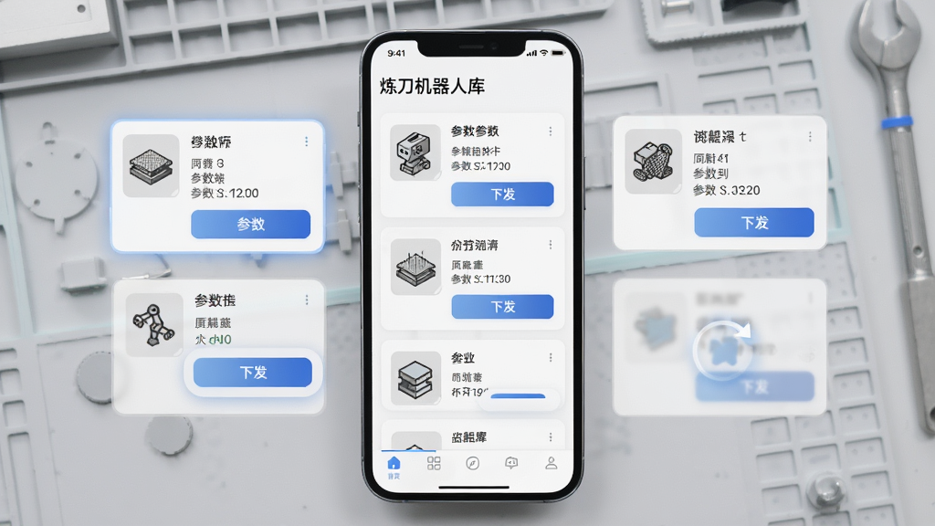 画面展示手机界面中“炼刀机器人”参数模板库页面,多个模板卡片整齐排列,每个卡片包含材料图标、参数摘要与下发按钮,背景为浅灰色工作台,布局为网格状,风格为清爽卡片式设计,细节包含选中状态高亮、滑动切换动画与底部导航栏,画质清晰,干净无多余元素