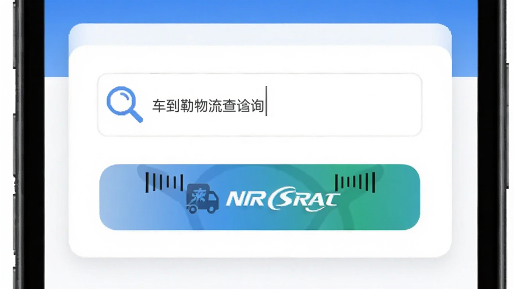 车到勒物流查询功能界面,手机屏幕显示输入框和扫描按钮,旁边有放大镜图标和物流公司标志,背景为白色卡片式布局,风格清新简洁,画质清晰,无多余元素