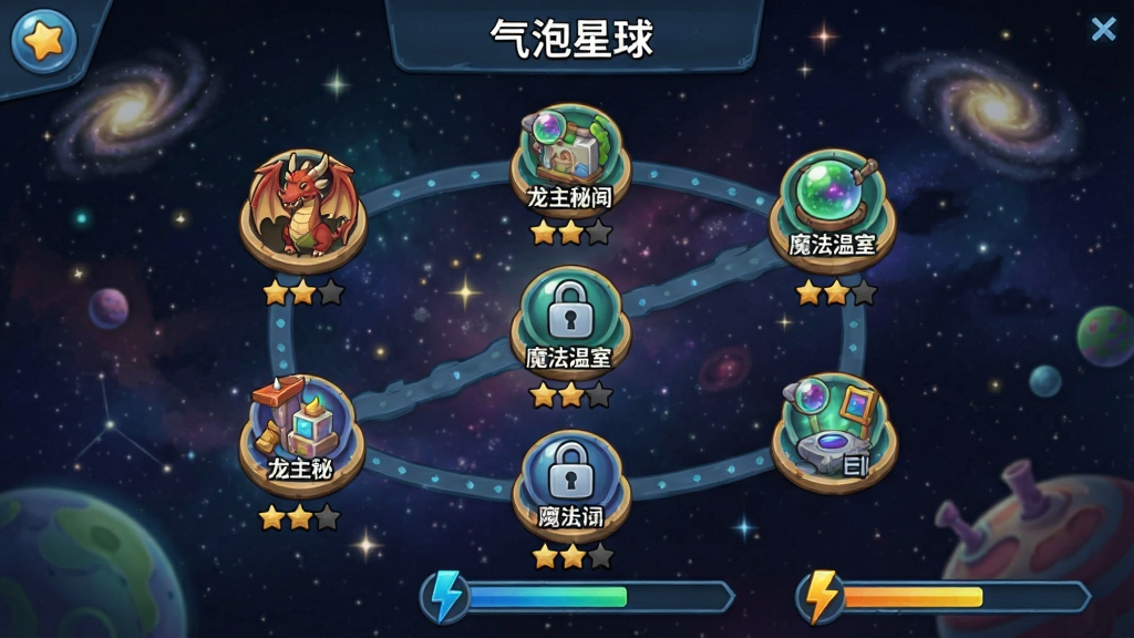 一张游戏剧情关卡选择界面截图,画面中显示“气泡星球”章节地图,地图上有多个节点,节点包含龙主秘闻、魔法温室等图标,背景是宇宙星图,风格为奇幻卡通,细节包含关卡星级、解锁锁头图标、能量进度条,画质高清,干净,无多余元素