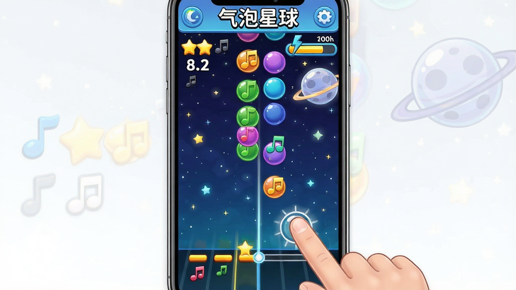 一款手机屏幕特写,画面中显示“气泡星球”游戏界面,彩色音符气泡从屏幕上方下落,底部有判定线,手指正在点击音符,背景是星空与气泡星球图案,布局为竖屏手游界面,风格为明亮卡通,细节包含连击数字、分数面板、能量条,画质清晰,干净,无多余元素