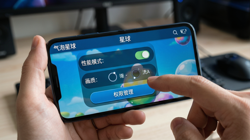 一位玩家手持安卓手机,屏幕上显示“气泡星球”游戏设置界面,界面中有性能模式开关、画质选项、权限管理按钮,背景是室内桌面环境,布局为手机特写,风格为写实科技感,细节包含手指点击屏幕、设置菜单文字清晰,画质高清,干净,无多余元素