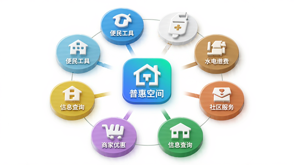画面展示一个圆形服务生态圈,中心是