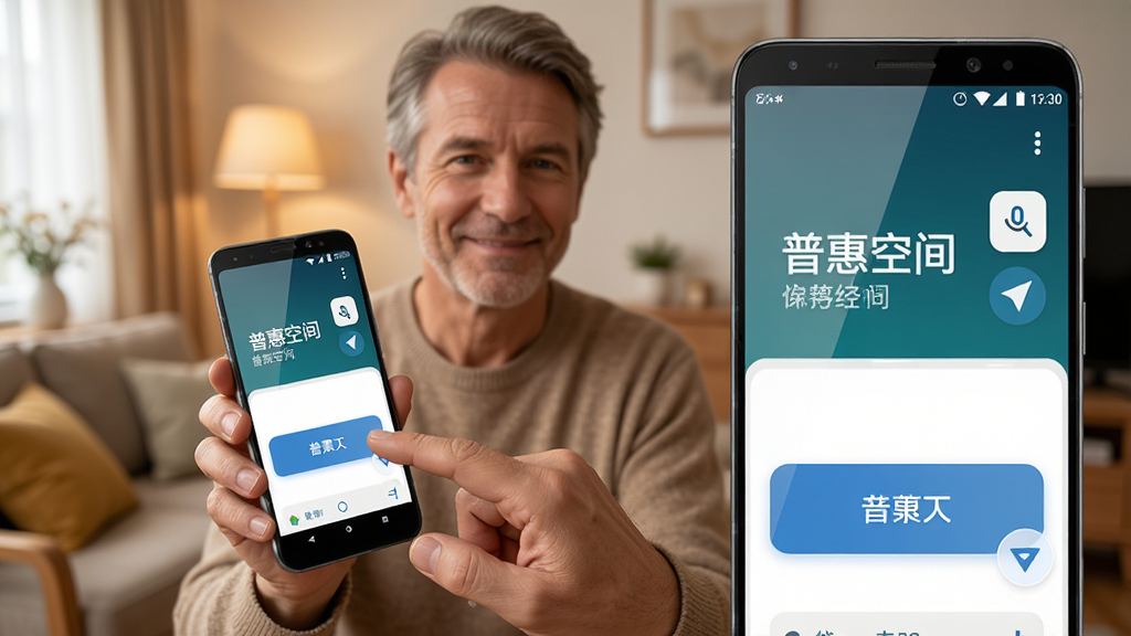画面展示一位中年用户手持安卓手机,手指轻触