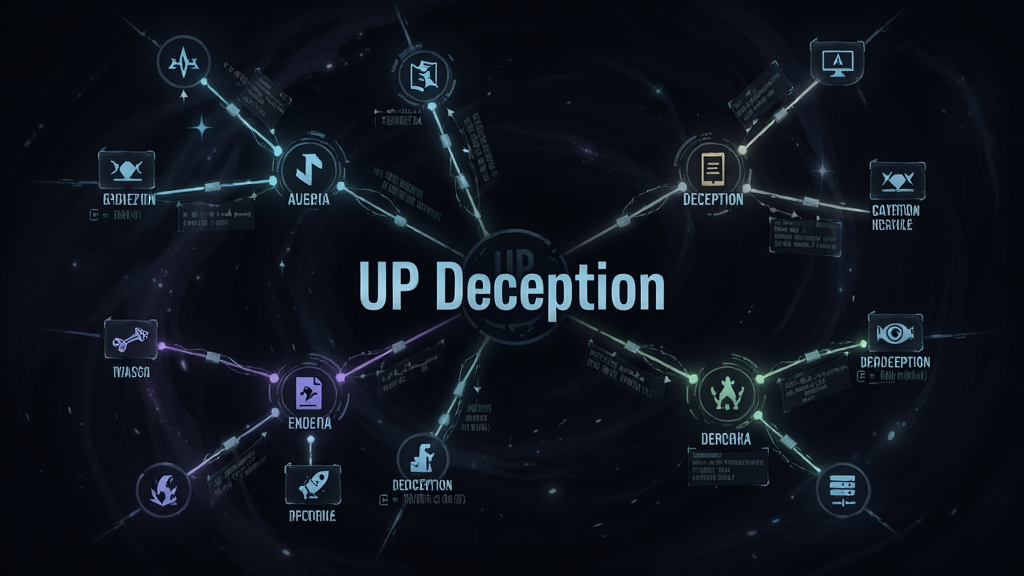 一幅展示UP Deception游戏剧情分支界面的插画,主体为多个交错的时间线节点悬浮在深色空间中,布局采用放射状排列,风格为悬疑科幻风,细节包含发光的线索线条连接各个节点、节点上标注关键事件图标,画质高清干净无多余元素,画面中央有UP Deception字样