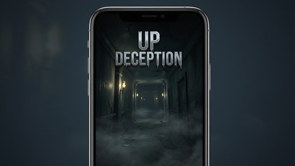 一张手机屏幕展示UP Deception游戏主界面的场景图,主体为竖屏手机居中放置,背景为深灰蓝色渐变,手机屏幕内显示游戏标题UP Deception和幽暗走廊场景,布局采用居中构图,风格为写实暗黑游戏宣传图,细节包含手机边缘金属反光、屏幕内雾气效果和微弱灯光,画质高清干净无多余元素