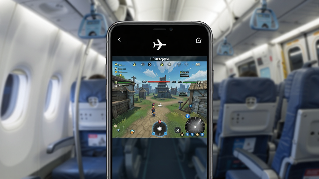 一幅展示UP Deception离线运行特性的宣传图,主体为手机放置在无信号环境中仍正常显示游戏画面,布局采用手机居中加环境虚化背景,风格为简约科技风,细节包含手机屏幕显示游戏进行中画面、背景为飞机客舱或地铁车厢场景、屏幕上方有飞行模式图标,画质高清干净无多余元素