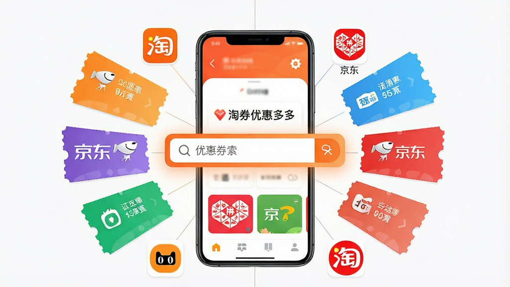 一张展示“淘券优惠多多”软件界面的合成图,画面中央为手机屏幕,屏幕内呈现多个电商平台图标环绕着优惠券搜索框,主体为手机和搜索框,布局采用中心辐射式,排版清晰有序,风格科技感与生活感结合,细节包含淘宝、京东、拼多多等平台标识和五颜六色的优惠券卡片,画质高清,画面干净,无多余元素