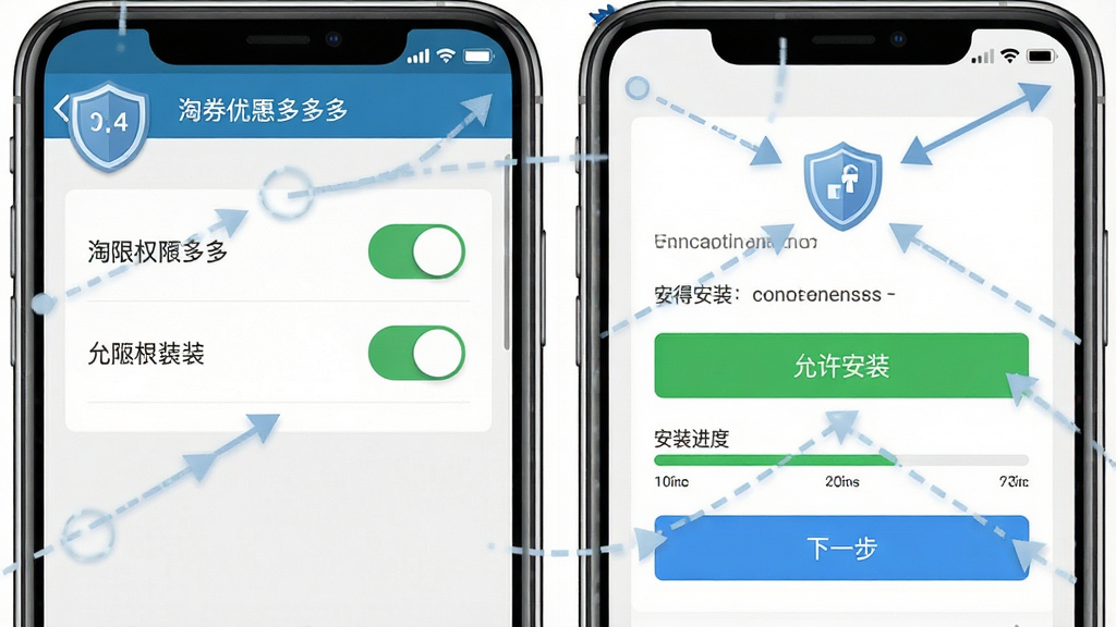 一张“淘券优惠多多”安装步骤示意图,画面主体为手机屏幕显示安装权限设置界面和安装进度条,布局为左右分栏,左侧为权限开关,右侧为安装按钮,风格教程指引风,细节包含“允许安装”“下一步”等文字按钮和盾牌安全图标,画质高清,画面干净,无多余元素