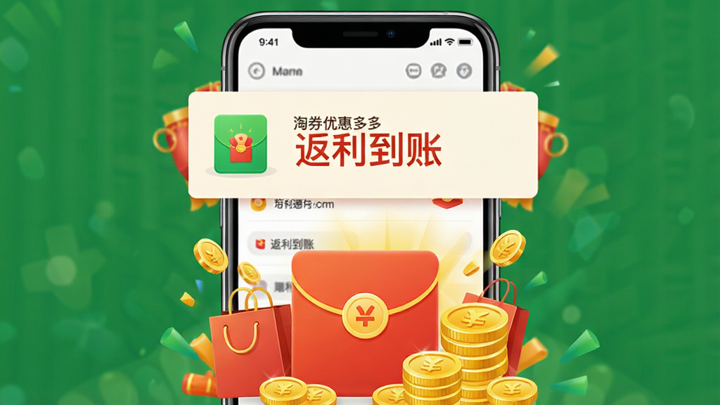 一张“淘券优惠多多”返利功能示意图,画面主体为手机屏幕显示返利到账通知和红包图标,布局为上下结构,上方为通知横幅,下方为红包和金币堆叠,风格喜庆活泼,细节包含“返利到账”文字、金币、红包、购物袋,画质高清,画面干净,无多余元素