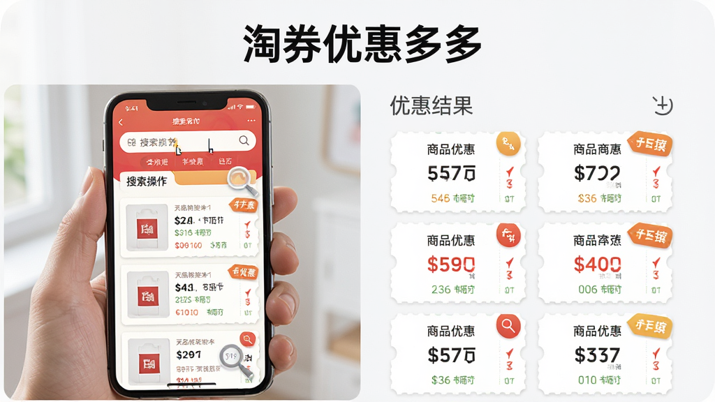 一张“淘券优惠多多”功能展示图,画面主体为一只手拿着手机,手机屏幕显示搜索框和商品优惠券列表,布局为左右结构,左侧为搜索操作示意,右侧为优惠券结果展示,风格写实生活化,细节包含搜索光标、放大镜图标、优惠券金额标签,画质高清,画面干净,无多余元素