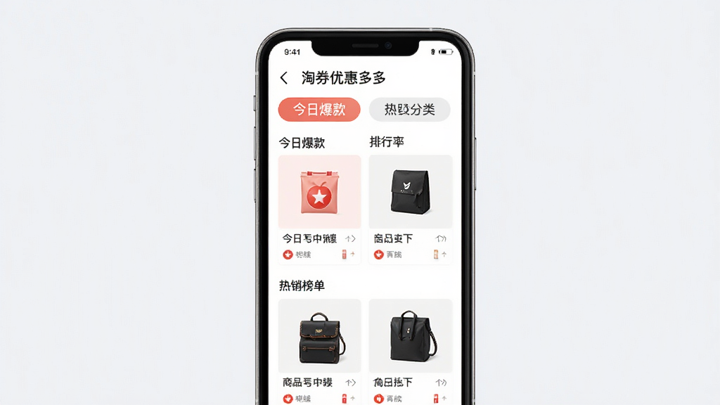一张“淘券优惠多多”分类专区界面图,画面主体为手机屏幕显示多个商品分类标签和排行榜列表,布局为网格状,排版整齐,风格清新简约,细节包含“今日爆款”“热销榜单”等文字标签和商品缩略图,画质高清,画面干净,无多余元素