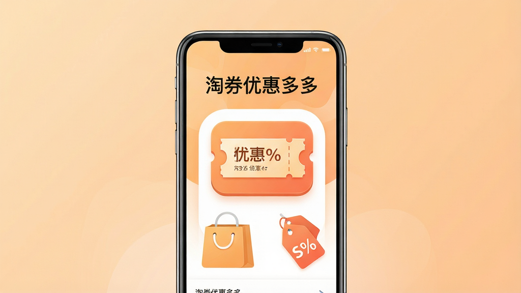 一张手机应用商店风格的软件封面图,居中展示手机屏幕界面,屏幕内显示“淘券优惠多多”软件名称和优惠券图标,背景为浅橙色渐变,布局简洁,主体突出,排版上下结构,风格现代扁平化,细节包含优惠券、购物袋、折扣标签等元素,画质高清,画面干净,无多余元素