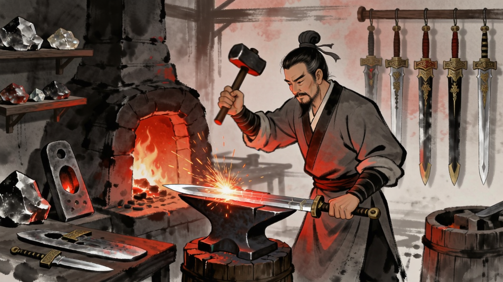 画面中央展示一位古代铸剑师在炉火前挥锤锻打剑胚,背景是古朴的铸剑工坊,左侧摆放着各种矿石与剑模,右侧悬挂着已完成的名剑,整体采用中国水墨与工笔结合的插画风格,色调以暖红与深灰为主,细节刻画火星飞溅与剑刃寒光,画面干净整洁,无多余文字与图标,高清画质,构图饱满,主体突出。