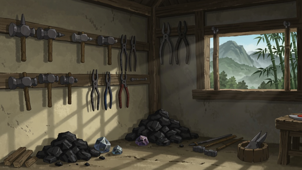 画面呈现一间古代铸剑工坊的内景,墙上挂着各式铁锤与钳子,角落堆放着木炭与矿石,窗外可见远山与竹林,整体采用中国风动画场景风格,色调古朴,光线从窗户斜射进来,氛围宁静,画面细节丰富但无杂乱元素,高清画质,构图宽广。